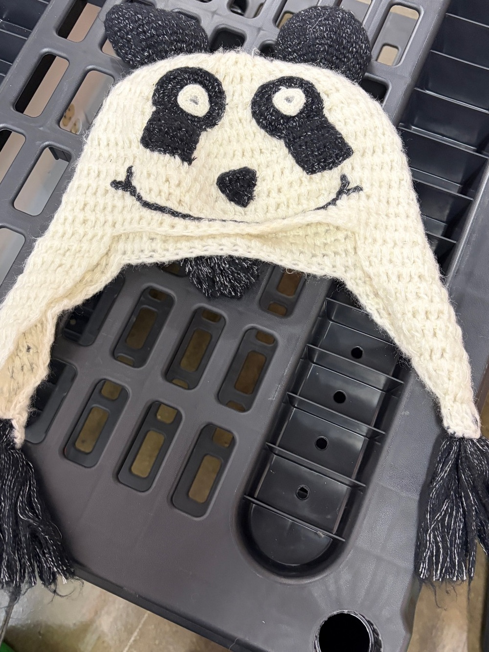 Kids Panda Earflap Knit Hat - Cream and Black